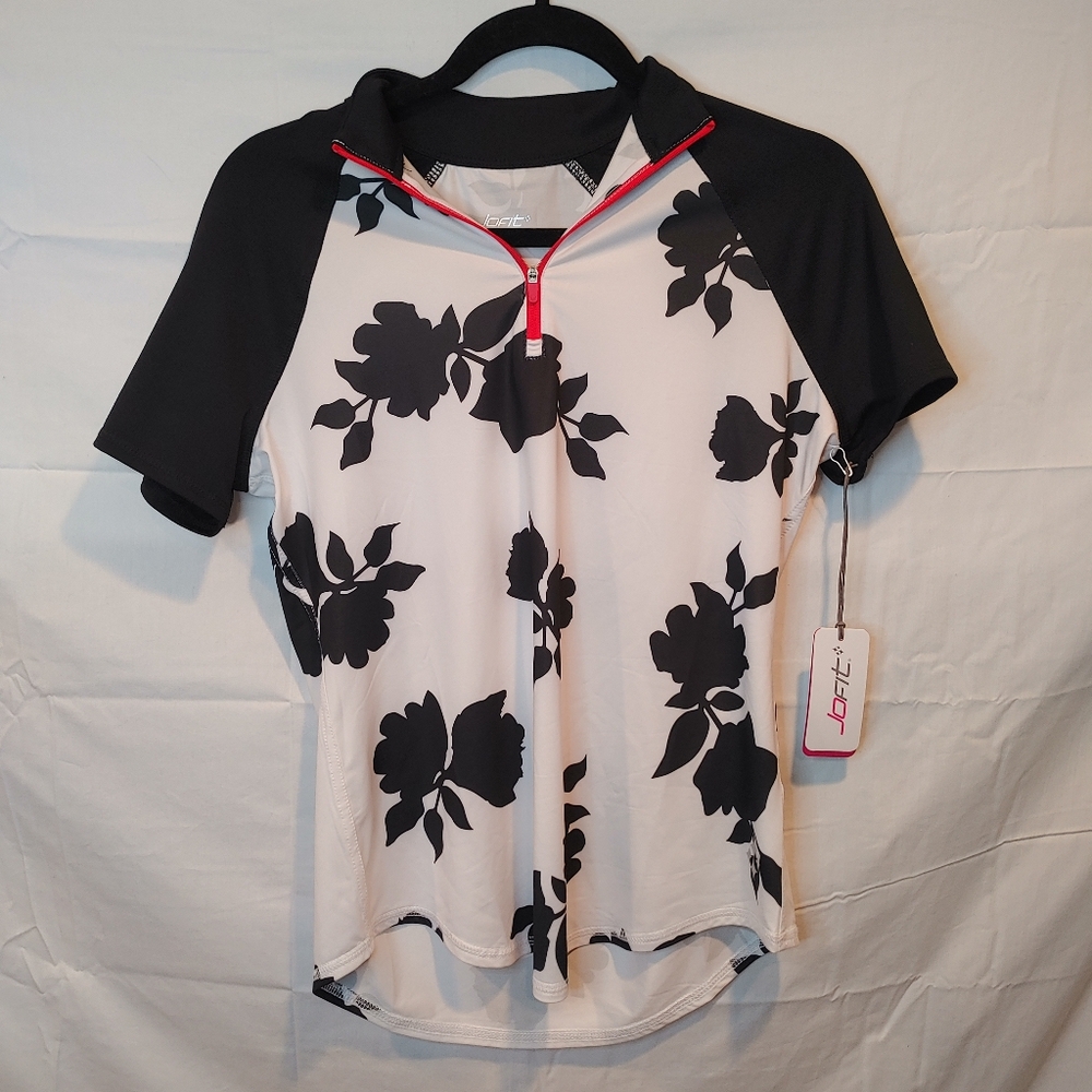 Jofit Short Sleeve Raglan Mock Black & White Floral Athletic 3/4 Zip Polo Size S